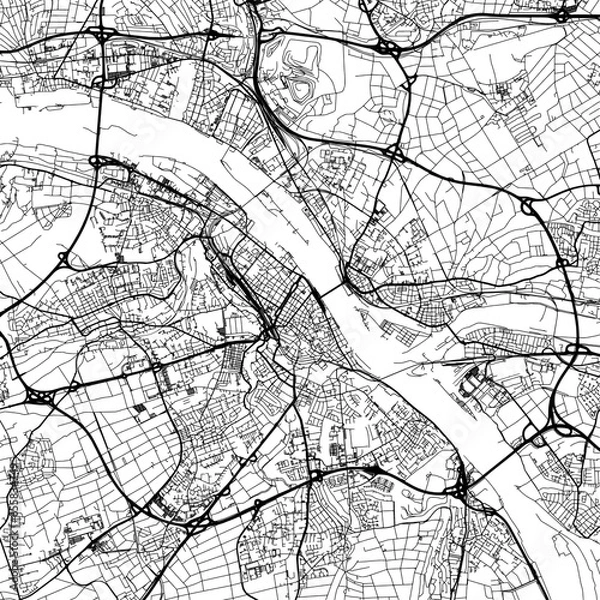 Fototapeta 1:1 square aspect ratio vector road map of the city of  Mainz in Germany with black roads on a white background.