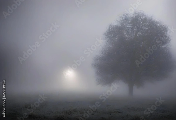 Fototapeta Misty. Foggy. Atmospheric. Weather. Hazy. Nature. Scenic. Serene. Mystical. Ethereal. Fog. Tranquil. Misty Landscape. Mysterious. Misty Morning. Dreamy. Eerie. Moody. Nature's Beauty. AI Generated.