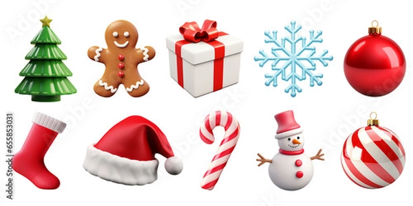 Fototapeta Collection set of various Christmas ornaments isolated on transparent or white background, png