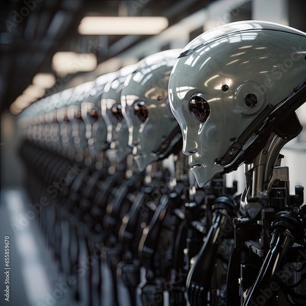 Fototapeta A line of humanoid robots stands silently. Great for stories on robotics, AI, automation, the fourth industrial revolution, sci-fi, future of work and more.