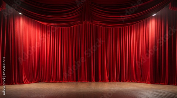 Fototapeta Pusta scena teatralna z czerwonymi aksamitnymi zasłonami. ilustracja 3D