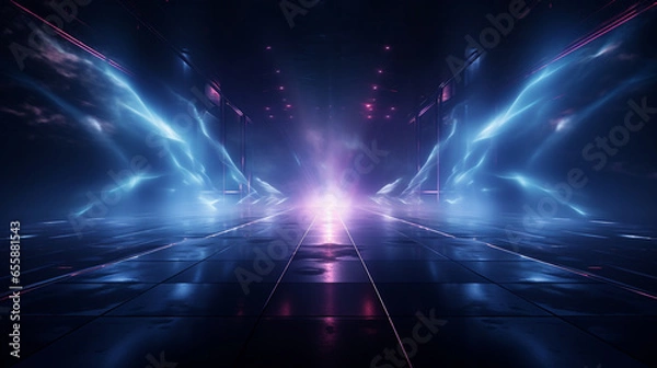 Fototapeta Empty background scene. Dark street, reflection of blue and pink neon light on wet pavement. Rays of light in the dark, smoke. Night view of the city. Abstract dark background. 3d illustration