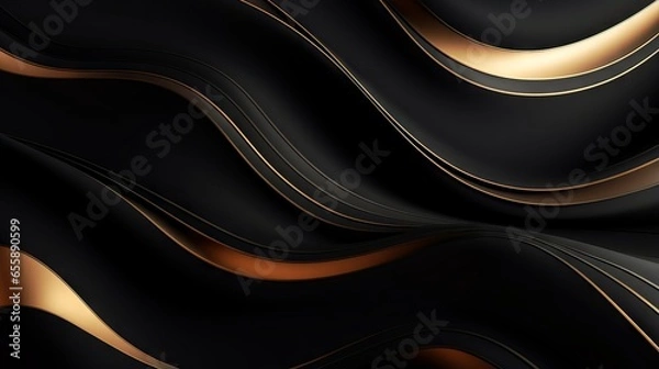 Fototapeta Abstract illustration of luxurious black lines on a dark background with golden accents and geometric shapes.
