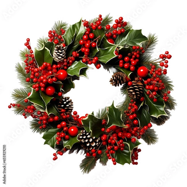 Fototapeta Christmas fragrant wreath holly berries, pine cones &  fallen leaves, Scents of Christmas: Fragrant Wreaths on a Clean White Background. Festive, wreath.