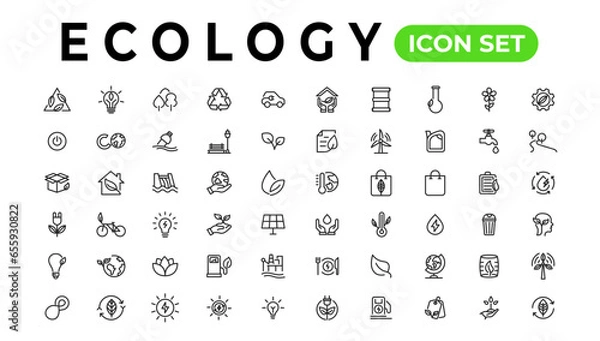 Fototapeta Ecology line icons set. Renewable energy outline icons collection. Solar panel, recycle, eco, bio, power, water - stock vector