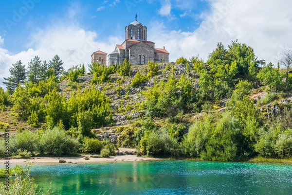 Fototapeta Cetina river source and Orthodox church, Dalmatian Zagora region of Croatia