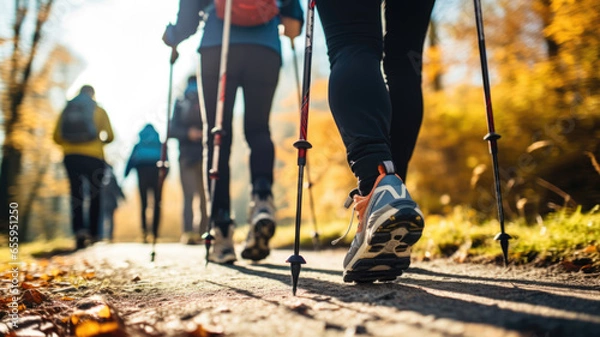 Obraz Older people doing Nordic walking exercises. Made with AI generation