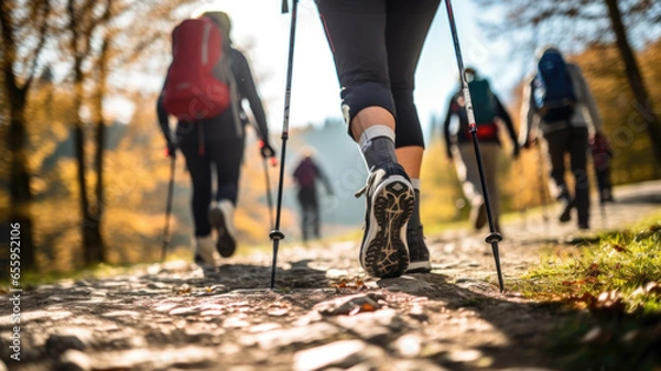 Obraz Older people doing Nordic walking exercises. Made with AI generation