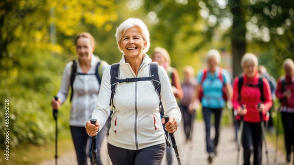 Obraz Older people doing Nordic walking exercises. Made with AI generation