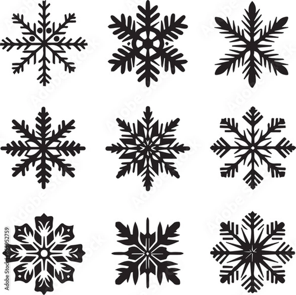 Fototapeta Snowflake silhouettes. Set of black snowflake silhouettes. Snowflake brush isolated. Complex cartoon snowflake silhouette isolated. Winter time vector