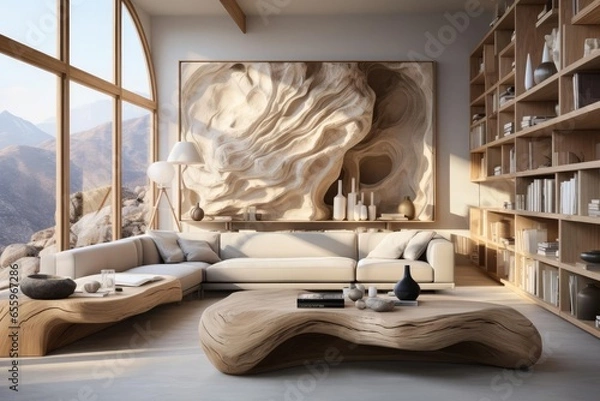 Fototapeta cozy home study with light natural materials with modern art on the walls