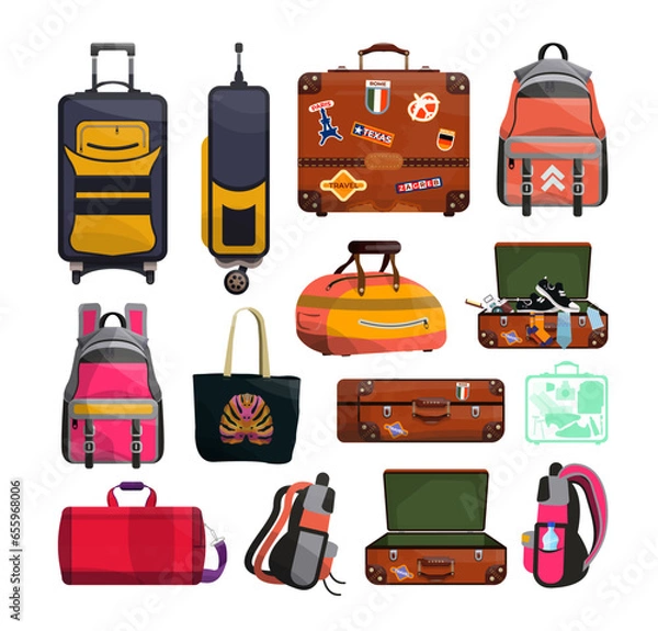 Obraz Collection of baggage and luggage objects. Retro and modern suitcases, backpacks, bags, handbags.