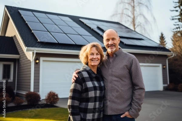 Obraz Middle aged couple standing on front of a house with solar panels on the roof. They smiling and looking at camera. Innovative energy systems to save your money.