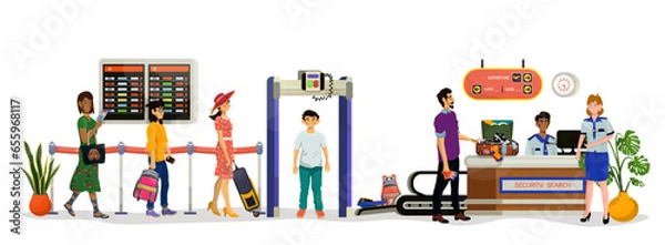 Fototapeta Vector illustration of desk of security search with inspector and passengers or tourists in airport.