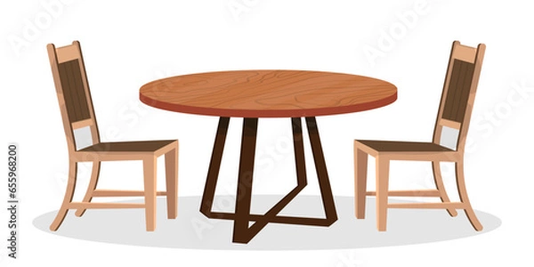 Fototapeta Vector flat illustration of wooden table and two chairs on white backdrop.