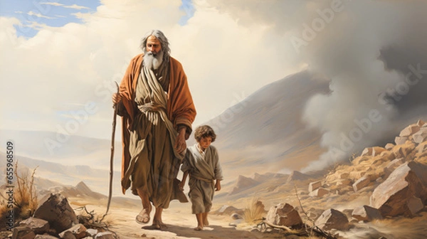 Obraz Illustration of Patriarch Abraham and his son Isaac returning from the place of sacrifice to God Generative AI