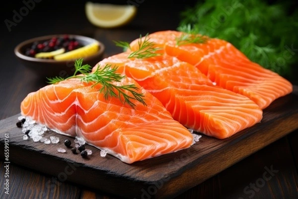 Fototapeta Appetizing salmon on a dark background with selective focus