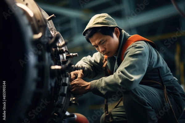 Fototapeta Young Asian worker in an airplane factory
