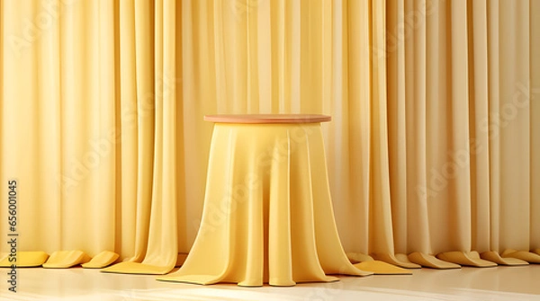 Fototapeta YELLOW SHOWCASE PODIUM FOR PRODUCT PRESENTATION 3D RENDER PASTEL COLLOR