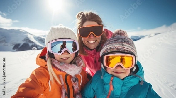 Fototapeta joy of a family holiday as kids embrace the snowy slopes, fully equipped with ski gear and enthusiasm, during their winter vacation.