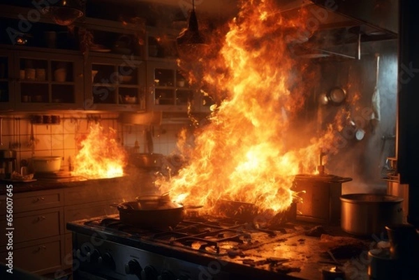 Fototapeta A major fire that broke out in a kitchen after a Grease fire Generative Ai