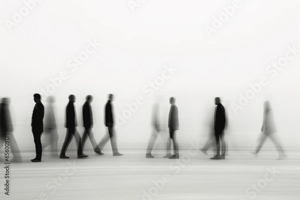Obraz Minimalist black and white photo of people motion with blurred background. Abstract defocused motion blurred people walking in city. Blur effect
