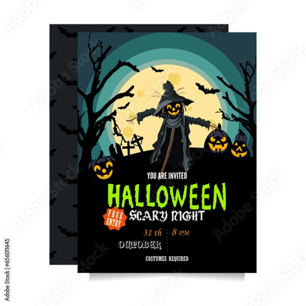 Fototapeta Halloween party invitation with a scarecrow, graves, bats, pumpkins and trees in full moon