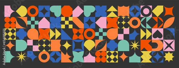 Fototapeta Colorful abstract shapes background in bauhaus style. Geometric posters in trendy retro naive style. Flat vector illustration on black background.
