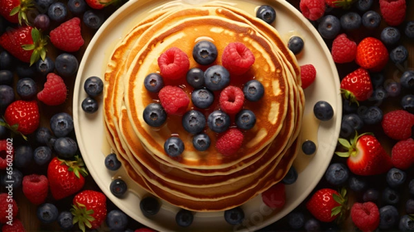 Fototapeta Pancakes with fresh berries, top view, close-up