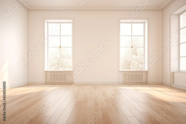 Fototapeta Bright Empty Hall with large Windows and Light Parque Floor Generative Ai