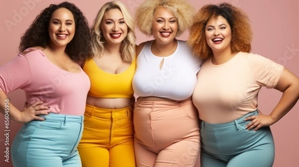 Fototapeta Group of beautiful plus size women posing in studio, body positivity, multiculturalism, inclusivity, Multiethnic, smile, happy, colorful tones