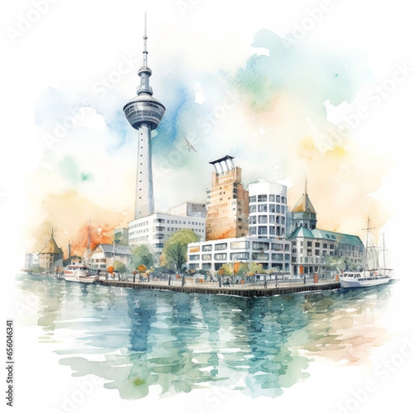 Fototapeta Düsseldorfer Fernsehturm: Aquarellansicht