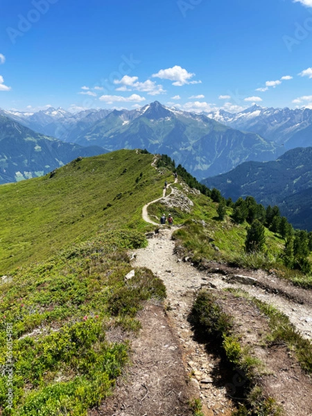 Obraz Wanderer wandern auf dem Zillertaler Höhenweg während einer Alpenüberquerung in Österreich. 
