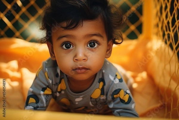 Fototapeta Indian baby in romper in a playpen Generative Ai
