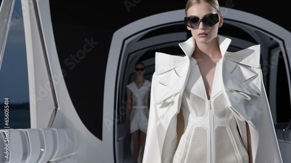 Fototapeta A model walks down the runway in a white dress