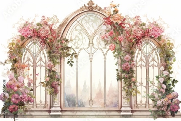 Fototapeta Large Vintage Window Arch decorated with pink Flowers Generative Ai