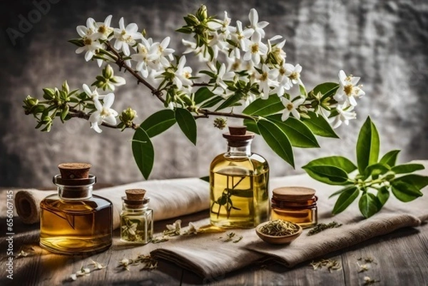 Fototapeta A branch of blooming jasmine sitting on top of a table, dried herbs, on a canvas, perfume bottle - AI Generative