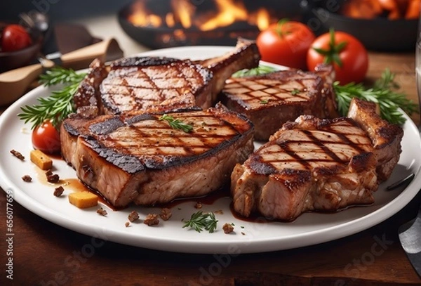 Obraz BBQ smoked whole pork ribs that are roasted and smoked at home on the
