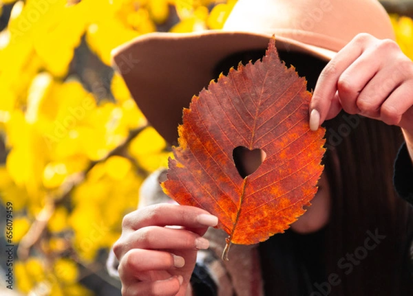Obraz Autumn is beautiful. the girl is holding a leaf in her hand, and there is a heart in the leaf
