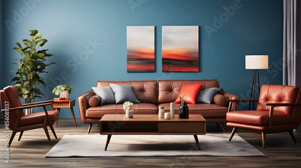 Fototapeta Dark blue sofa and recliner chair in scandinavian apartment. Interior design of modern living room. Created with generative