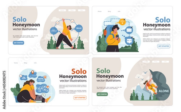Fototapeta Solo travel, honeymoon web banner or landing page set. Female character