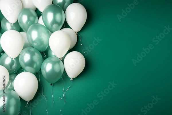 Fototapeta grüne und weiße Ballons mit Platz für Text. Querformat. Generative Ai.
