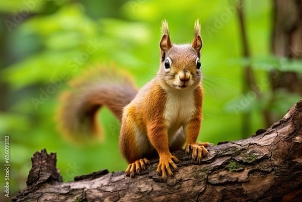 Fototapeta Closeup of an adorable red squirrel in its natural woodland habitat, curiously perched on a tree branch, with fluffy fur and bushy tail.