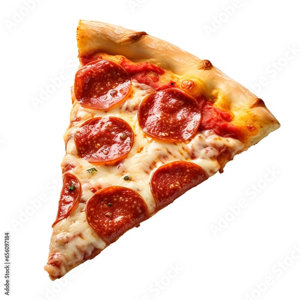 Fototapeta A hot pizza slice with dripping melted cheese. Isolated on white background.