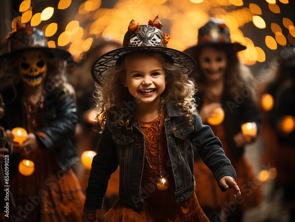 Obraz A group of laughing children in witch costumes on Halloween at night
