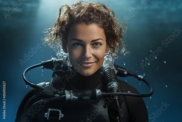 Fototapeta Pretty woman in diving suit diving instructor Generative Ai