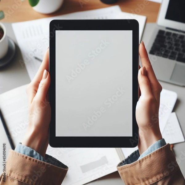 Obraz person working on tablet computer,Generative IA