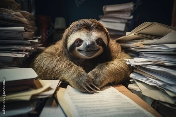 Fototapeta Sloth slowly working at an office with too many Papers and workload  Symbol of the slowness of the authorities Generative AI