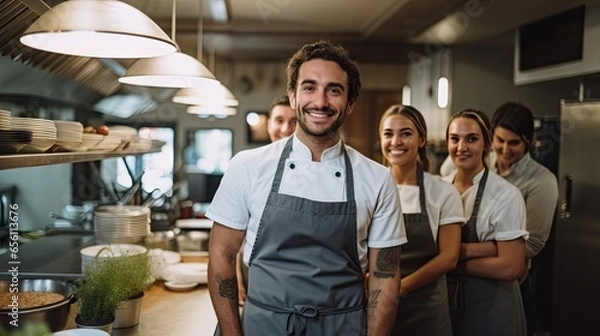 Fototapeta Business portrait of a group of workers, eco food restaurant workshop