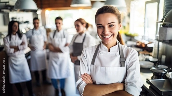 Fototapeta Business portrait of a group of workers, eco food restaurant workshop